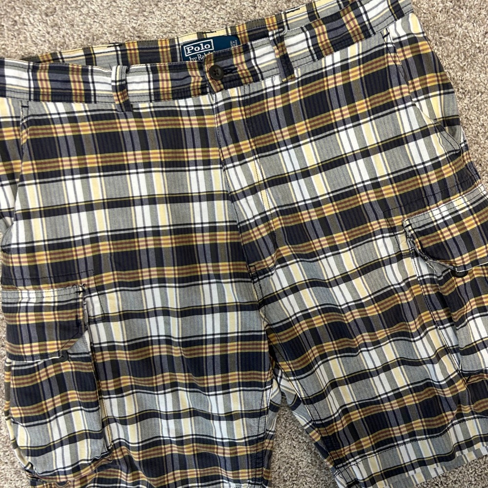 Y2K Polo Ralph Lauren Cargo Shorts 36 Plaid Cotton Navy Gray Yellow Utility Men